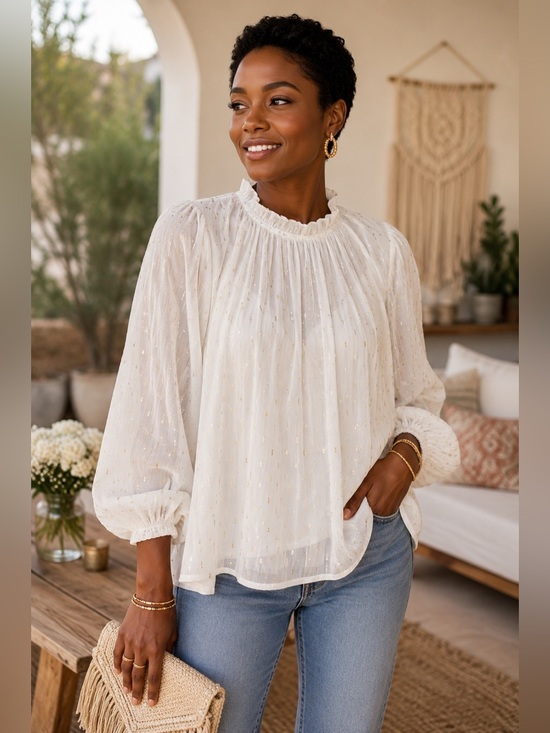 MELLODAY Tops - Melloday Boho Romantic Gold & Silver Flecked Balloon Sleeved Blouse Size Small